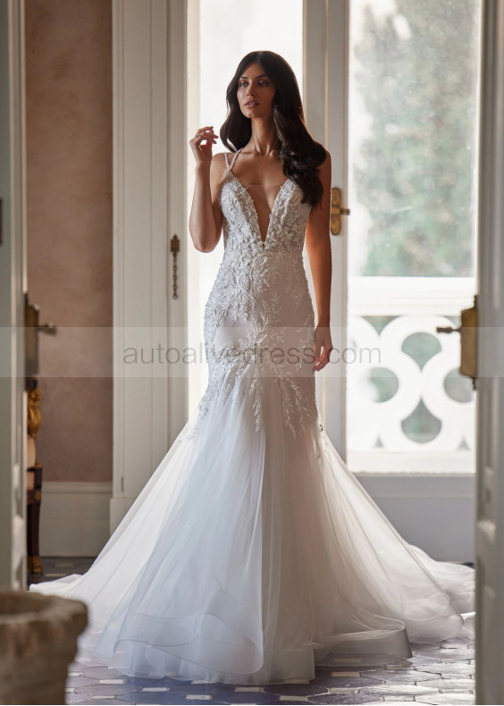 Double Straps Beaded Ivory Lace Tulle Shimmering Wedding Dress